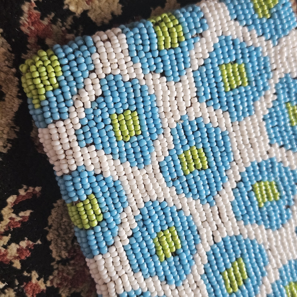 Vintage Midcentury HandBeaded Glass Blue & White Wallet Clutch with Lime Accent